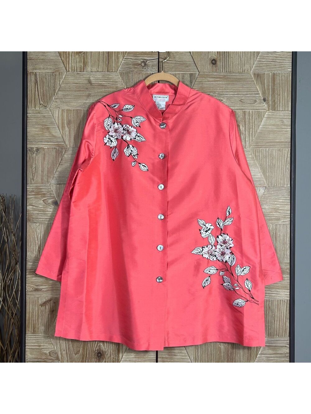 Victor Costa Occasion Silk Coral Pink Floral Embroidered Tunic Top Size 1X